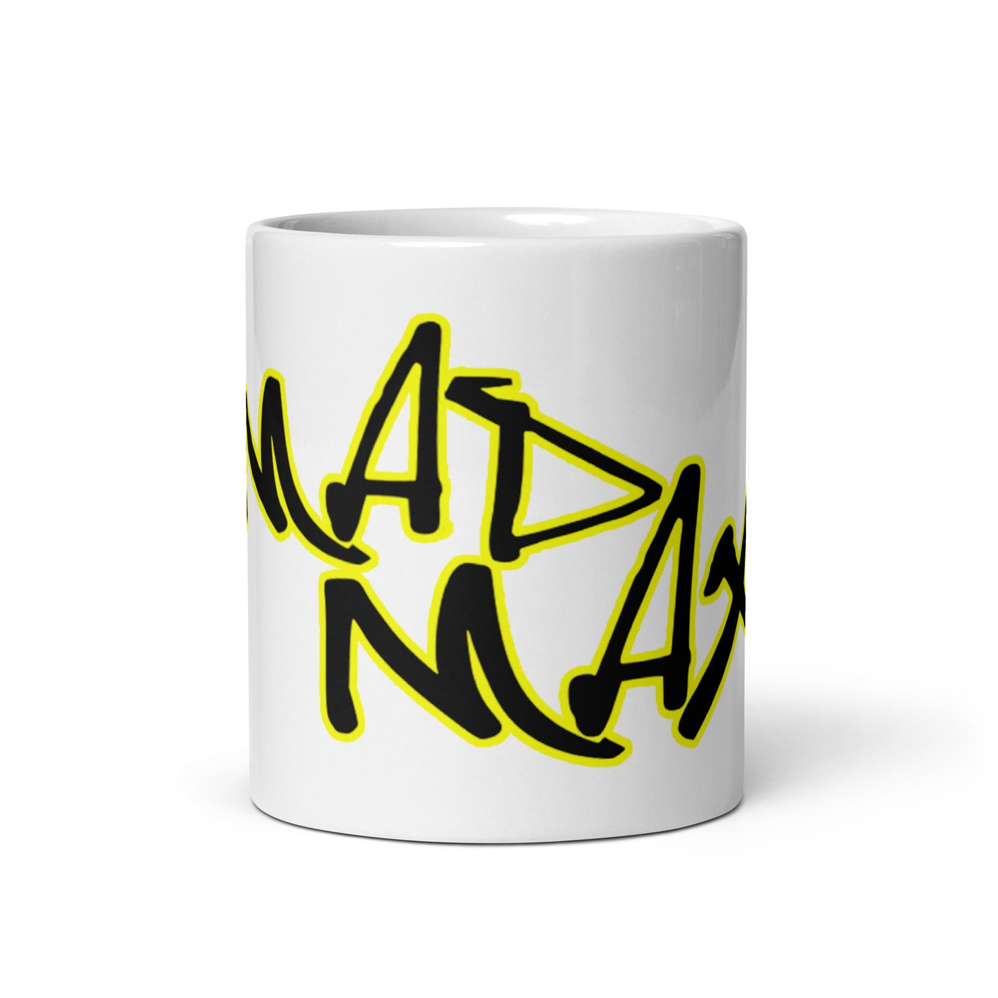 White glossy mug with mad max tekst