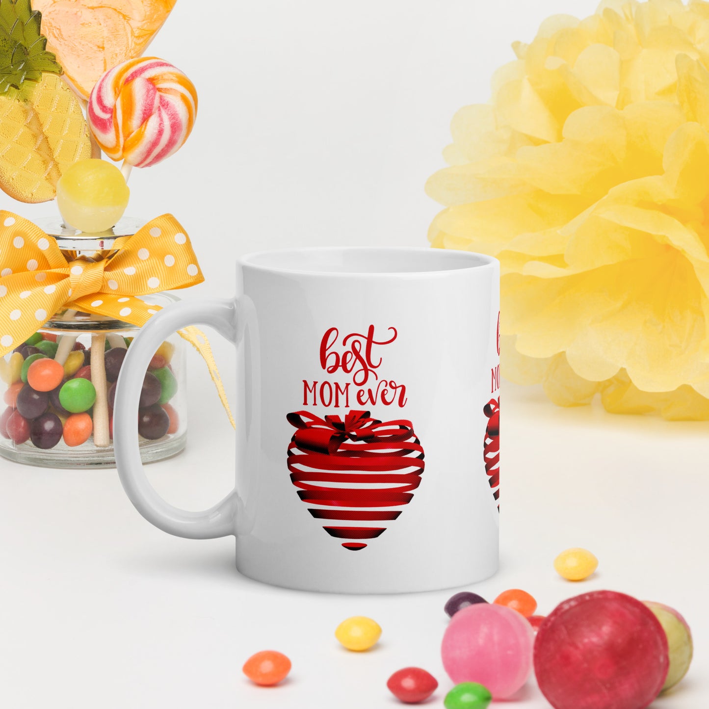 White glossy mug with red text best MOM Ever and red heart