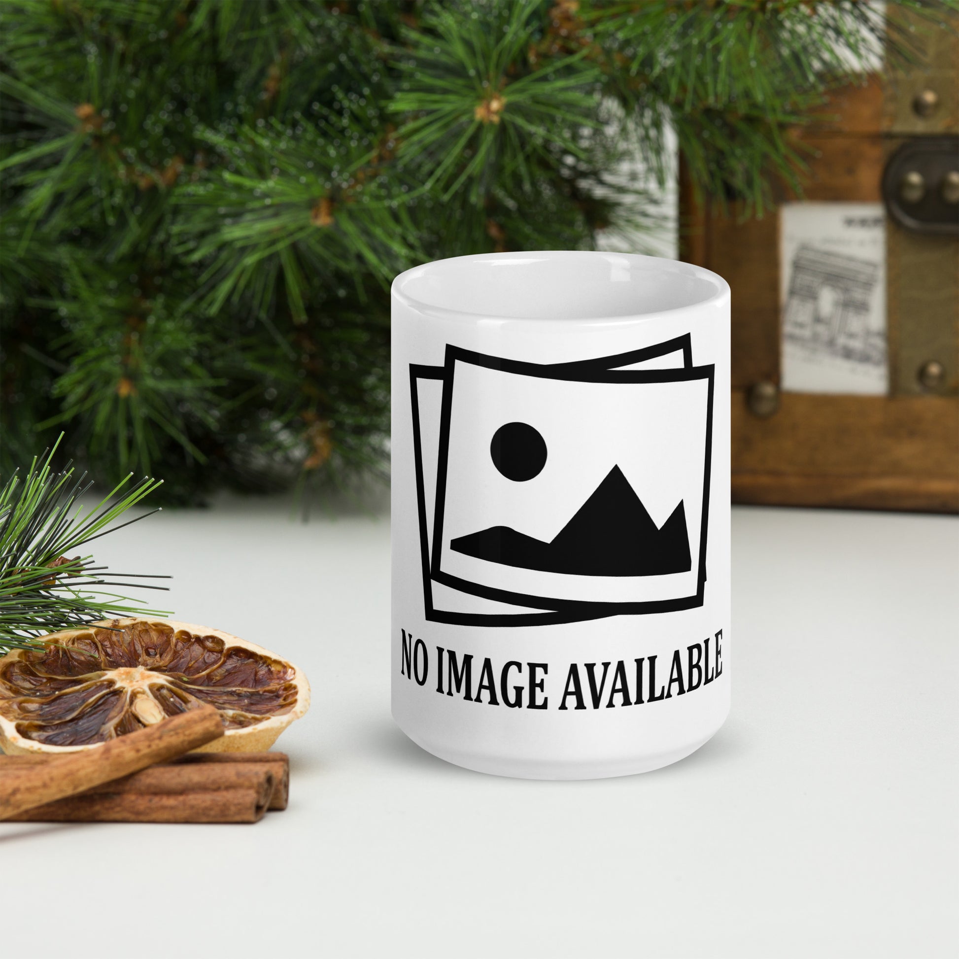 white mug with print and text "no image available"
