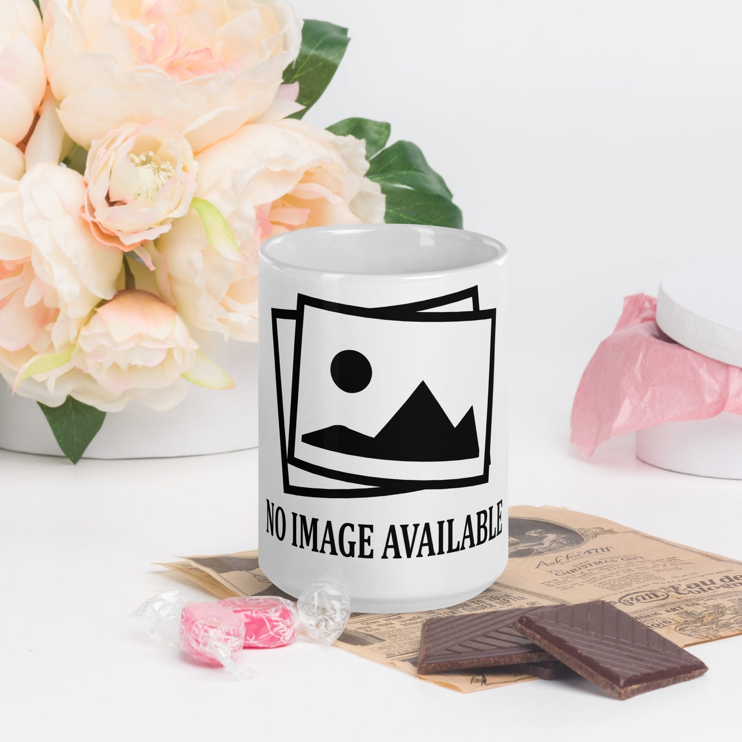 white mug with print and text "no image available"