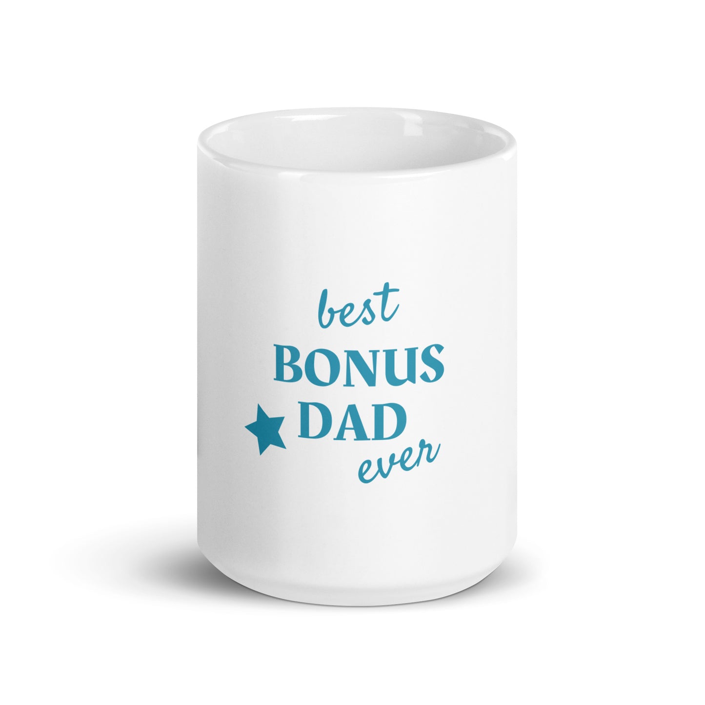 White glossy mug with text "best BONUS DAD ever"
