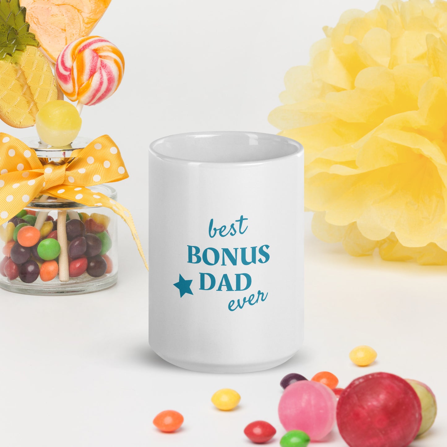 White glossy mug with text "best BONUS DAD ever"