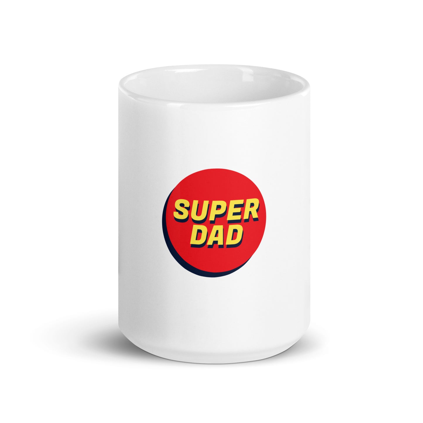 White glossy mug with text "SUPER DAD"