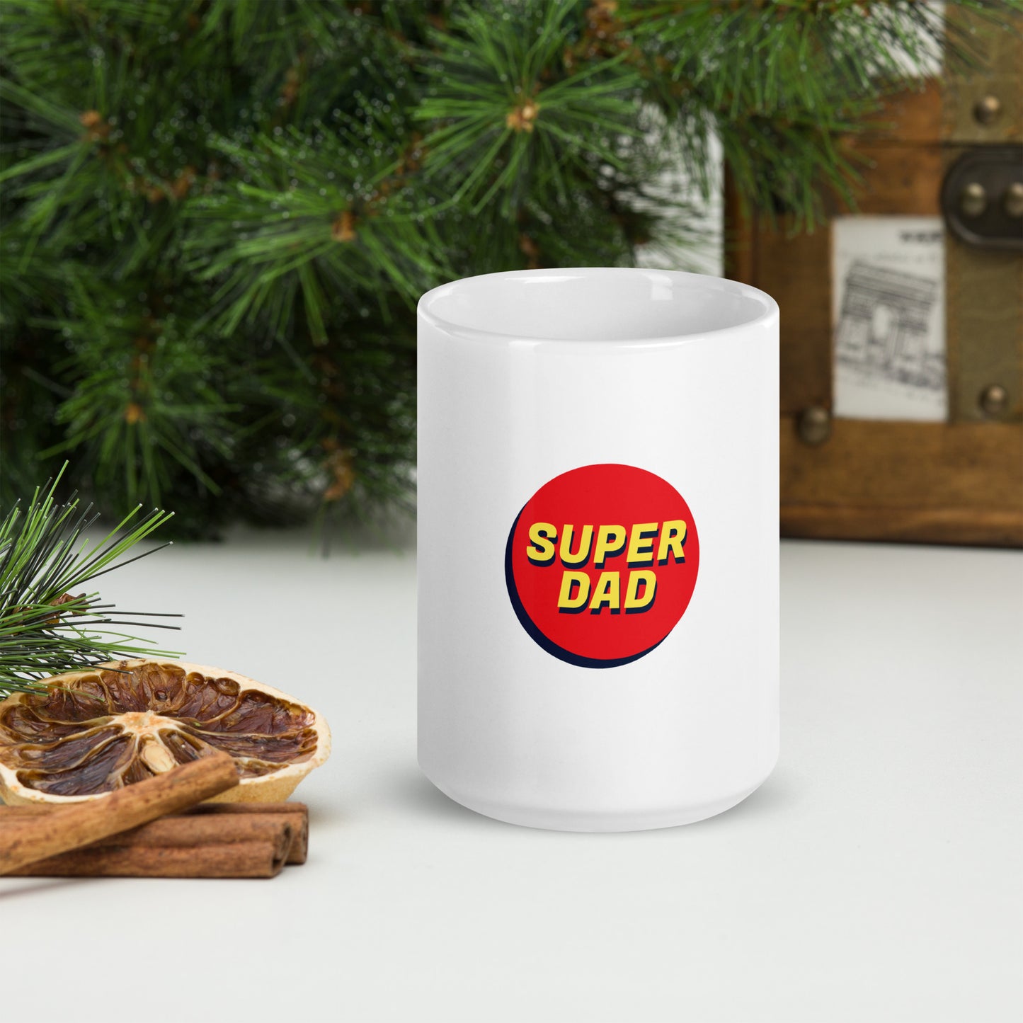 White glossy mug with text "SUPER DAD"