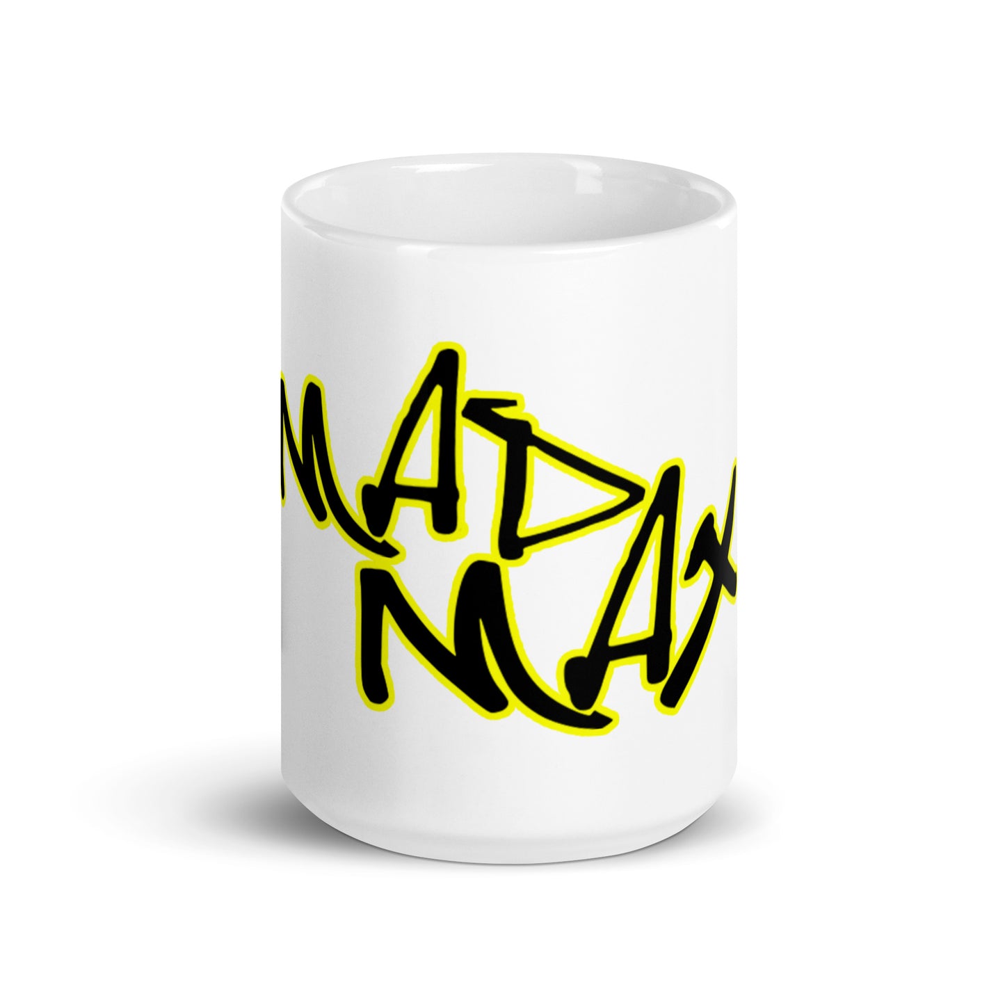 White glossy mug with mad max tekst