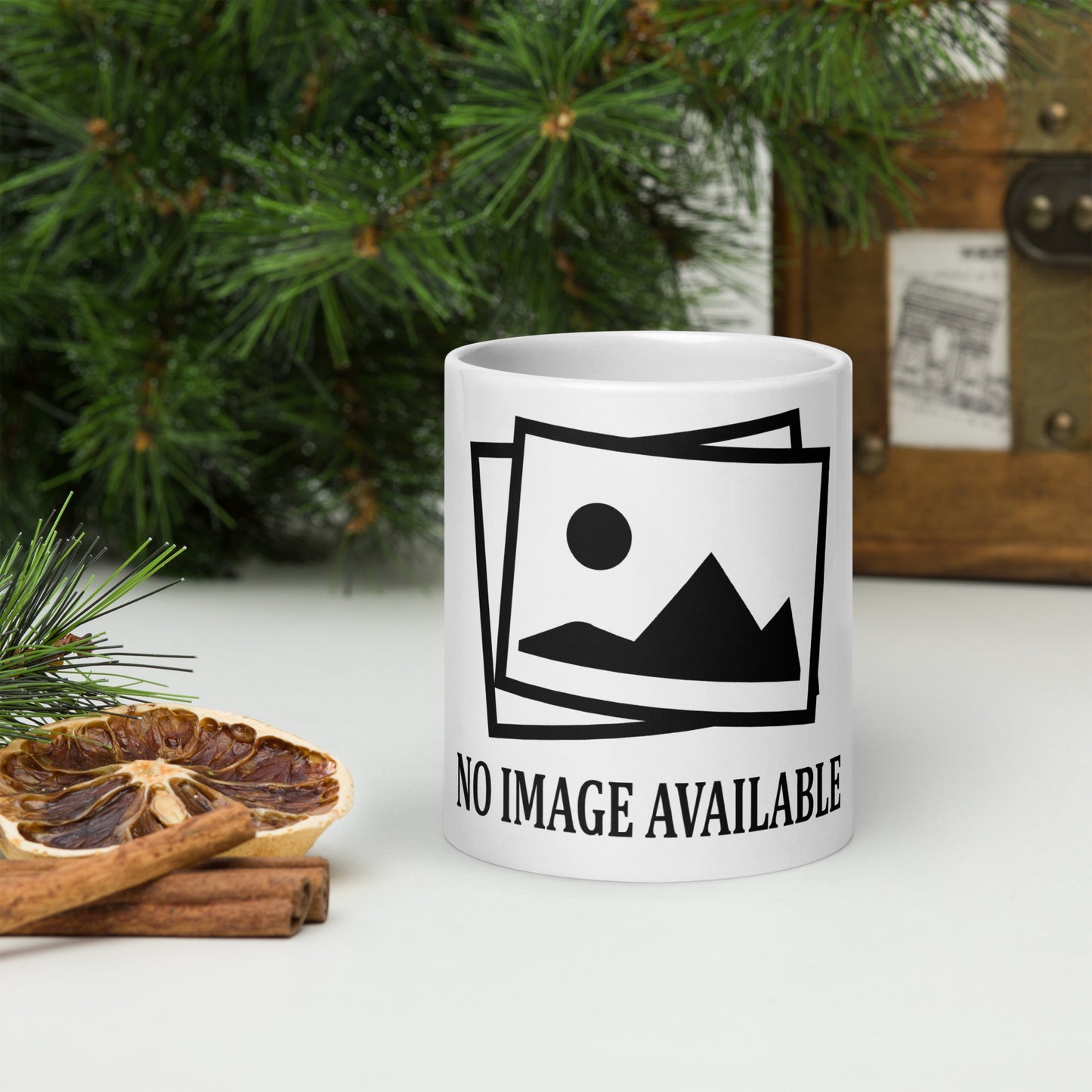 white mug with print and text "no image available"