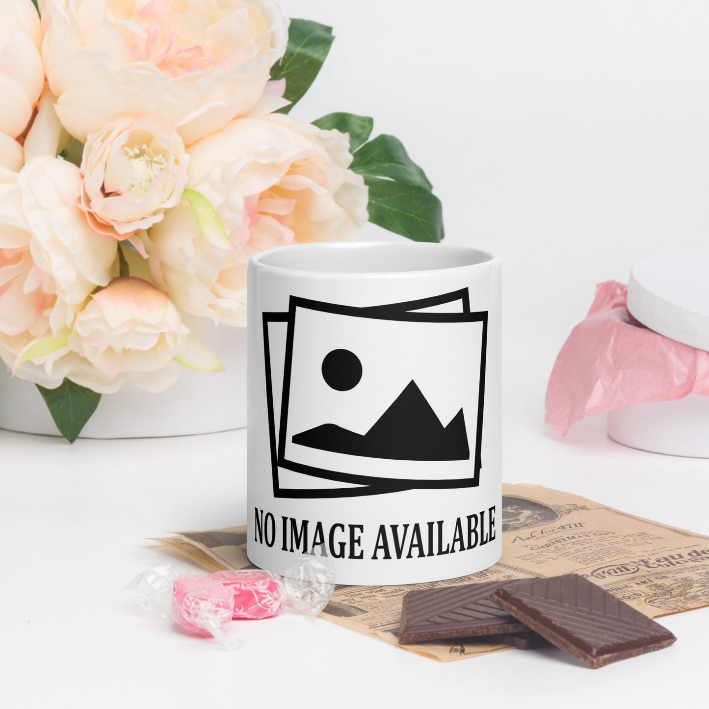 white mug with print and text "no image available"
