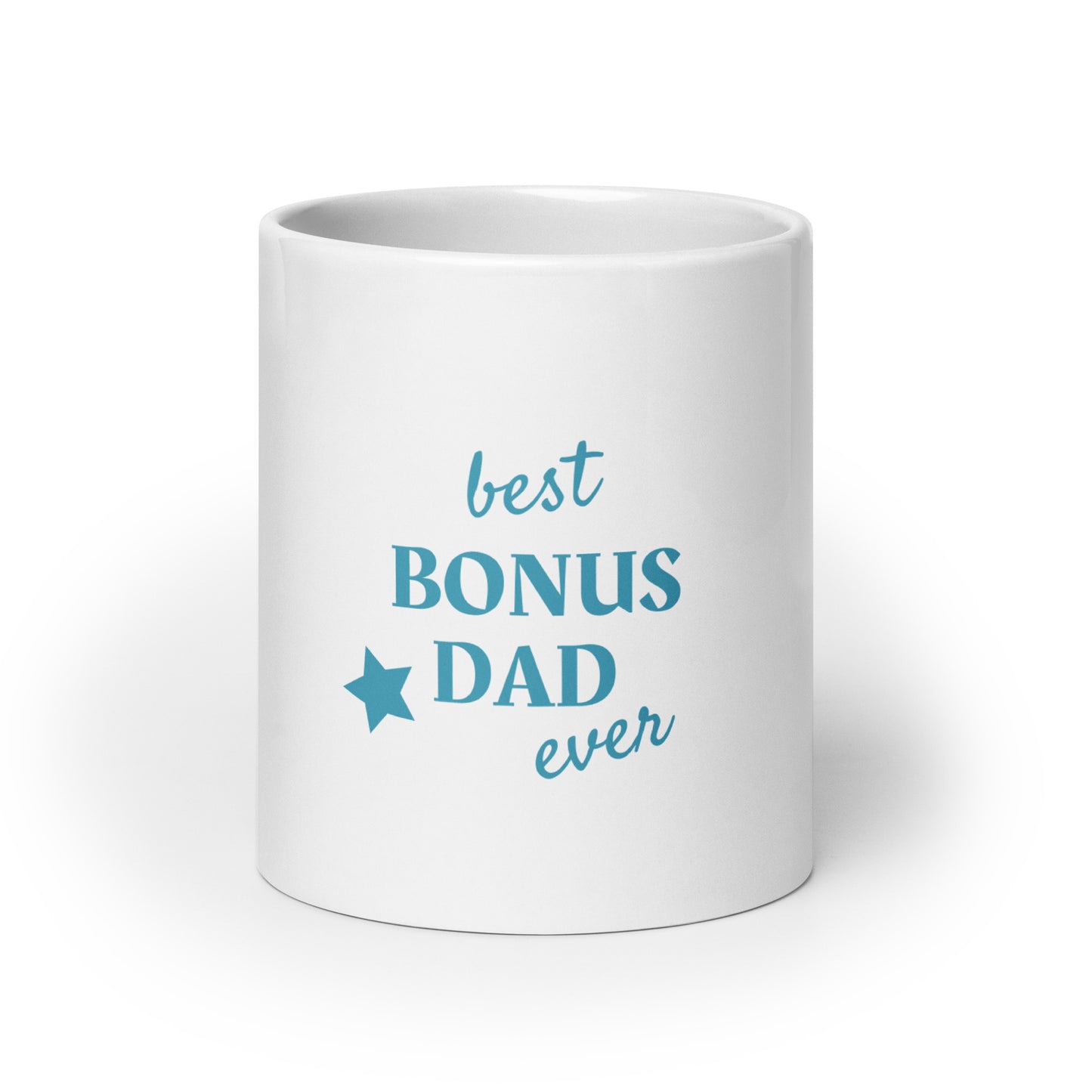 White glossy mug with text "best BONUS DAD ever"