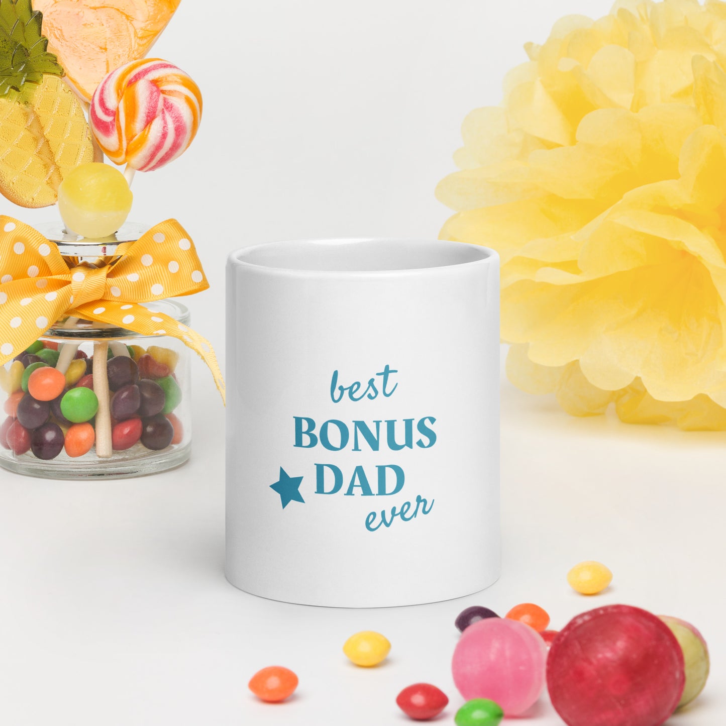 White glossy mug with text "best BONUS DAD ever"