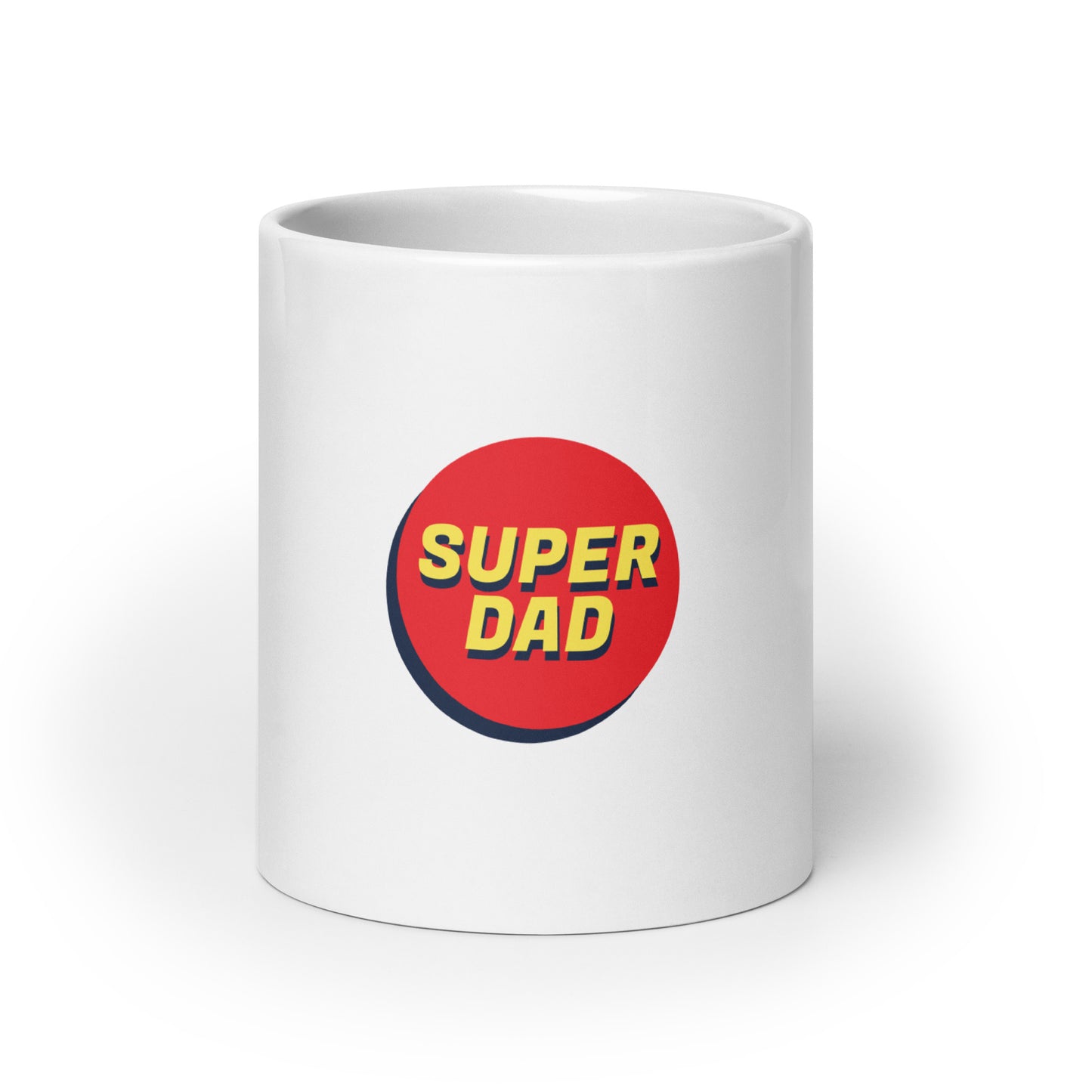 White glossy mug with text "SUPER DAD"