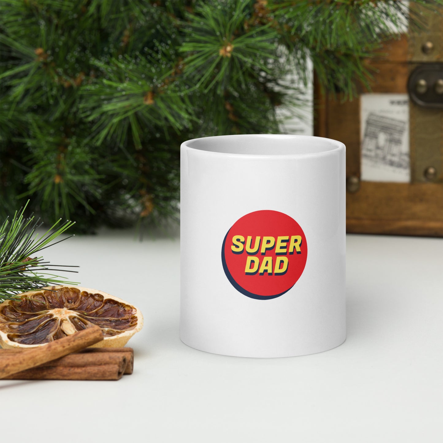 White glossy mug with text "SUPER DAD"