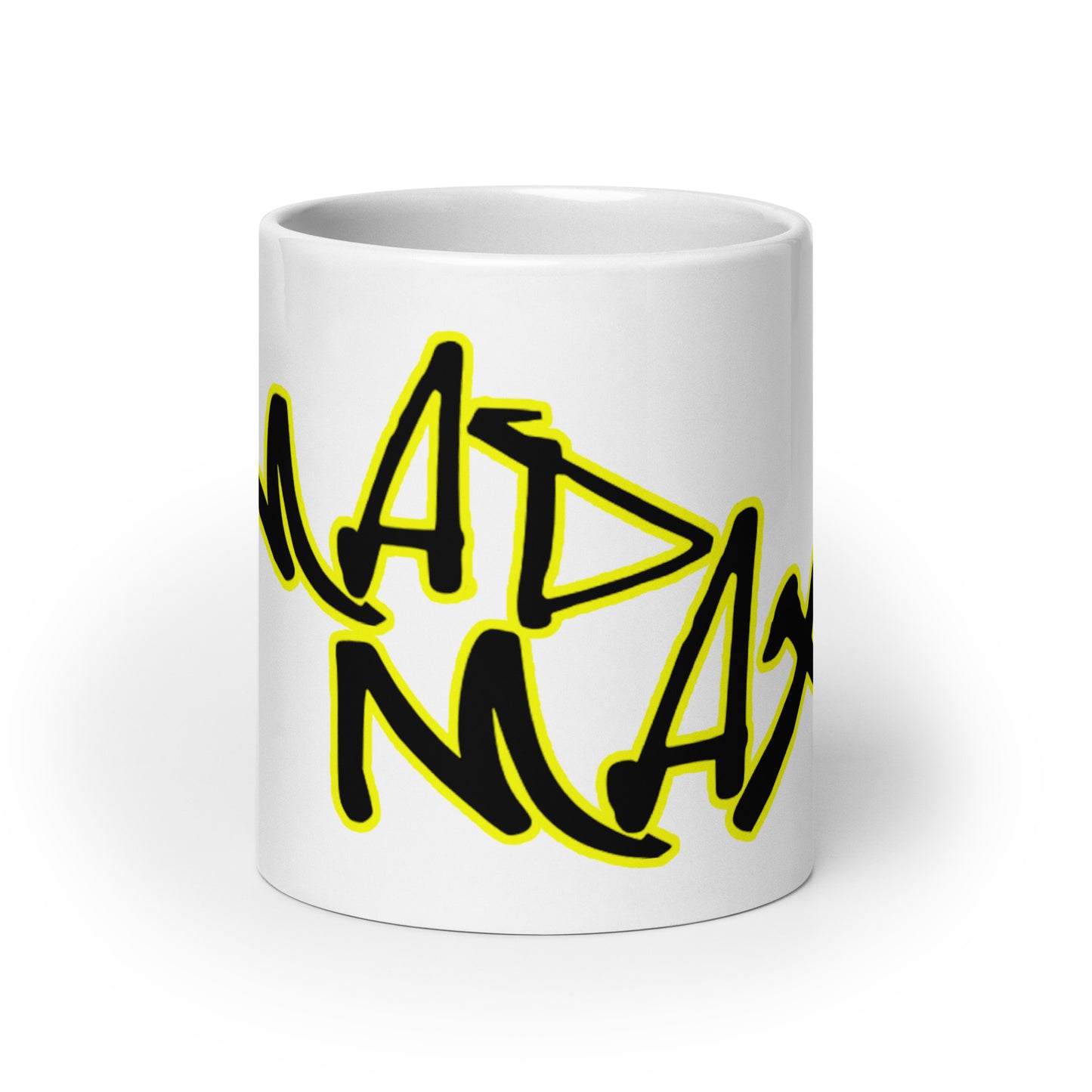 White glossy mug with mad max tekst