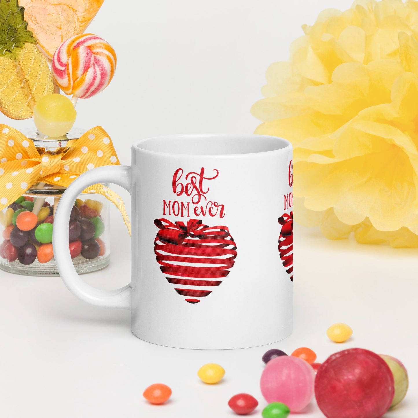 White glossy mug with red text best MOM Ever and red heart