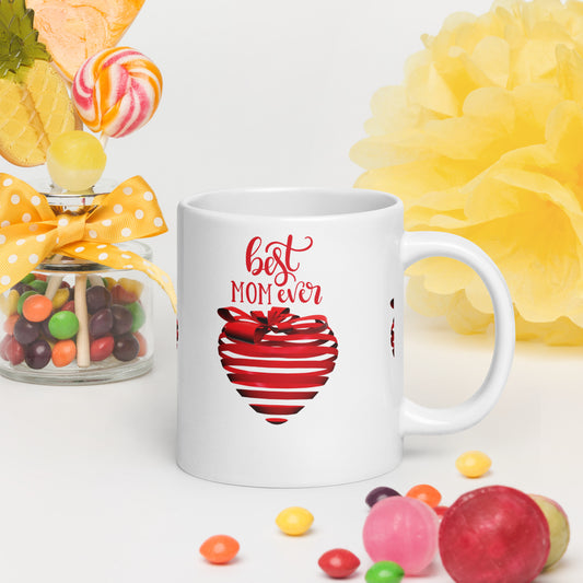 White glossy mug with red text best MOM Ever and red heart