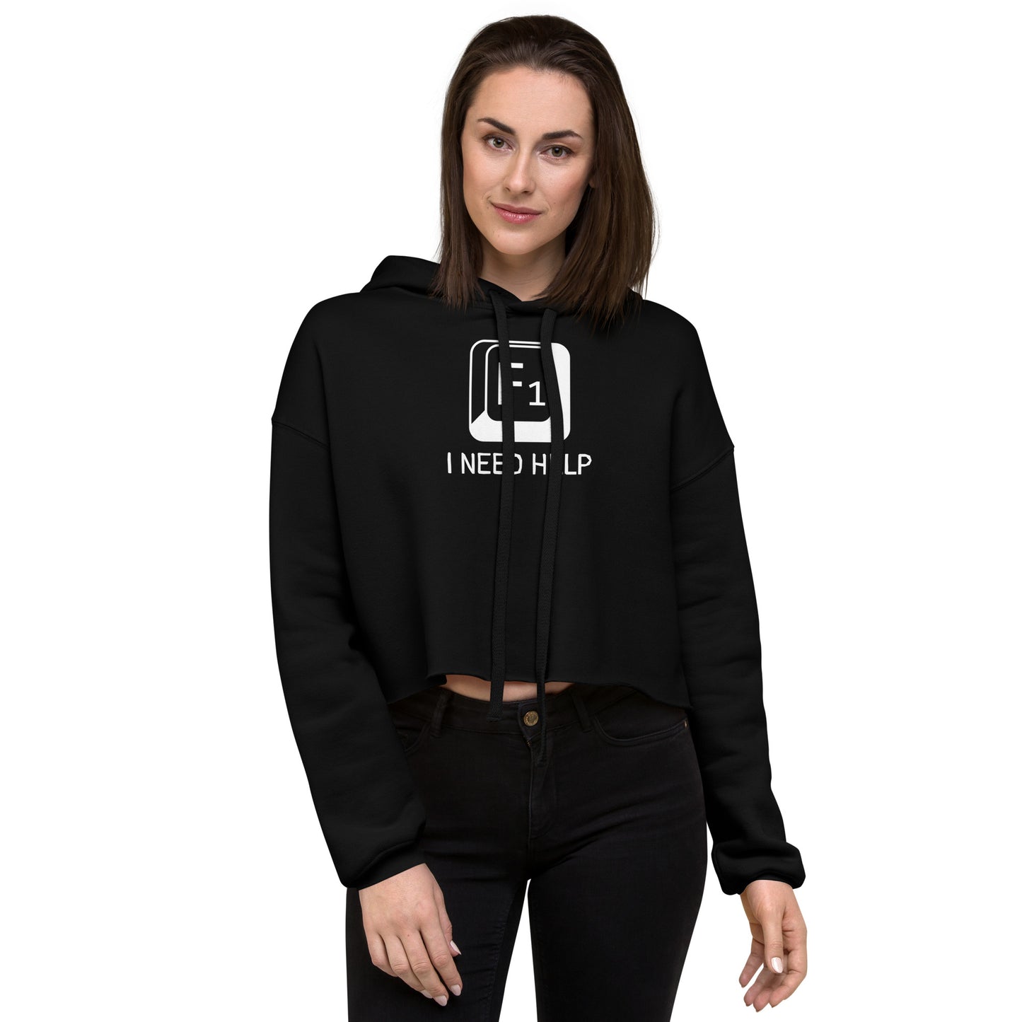 Women with black crop top hoodie and a picture of F1 key with text "I need help"