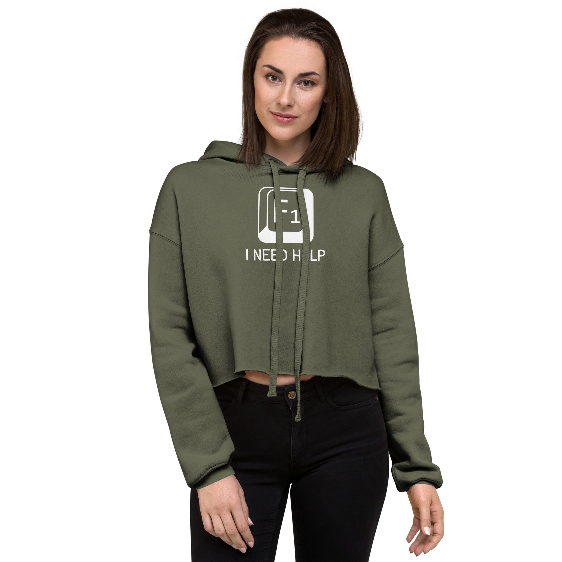 Women with military green crop top hoodie and a picture of F1 key with text "I need help"