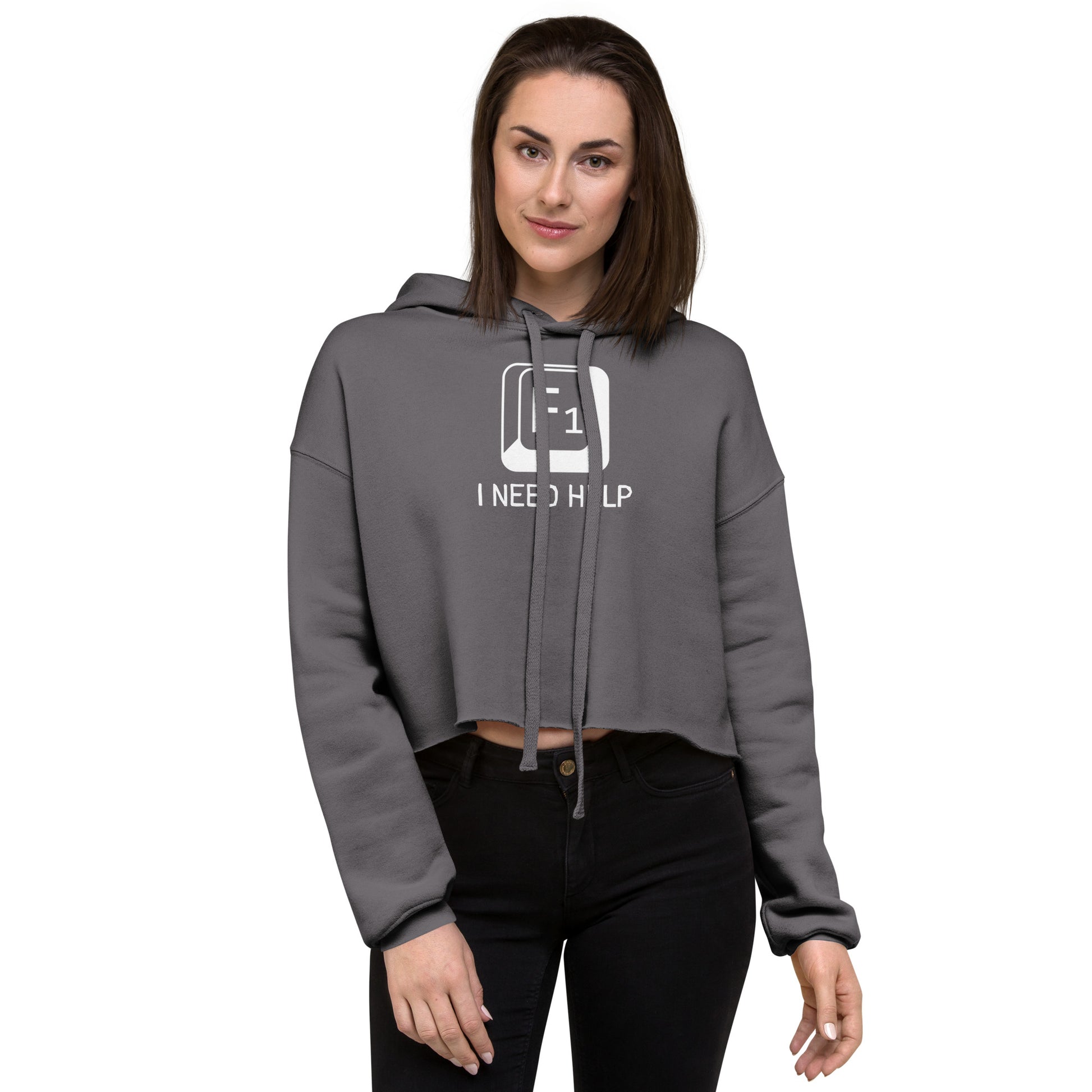 Women with storm grey crop top hoodie and a picture of F1 key with text "I need help"