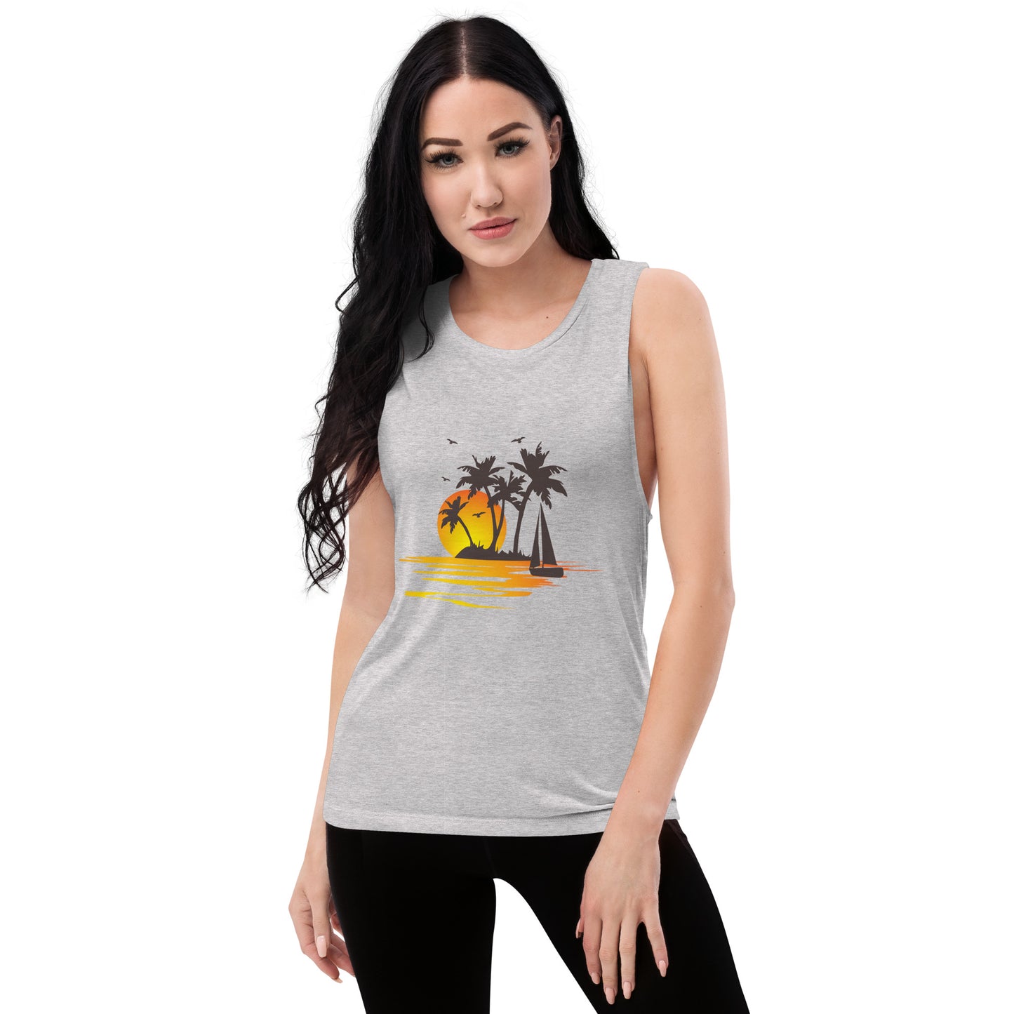 Women with athletic muscle tank with a picture of sunset, palm trees and sailboat
