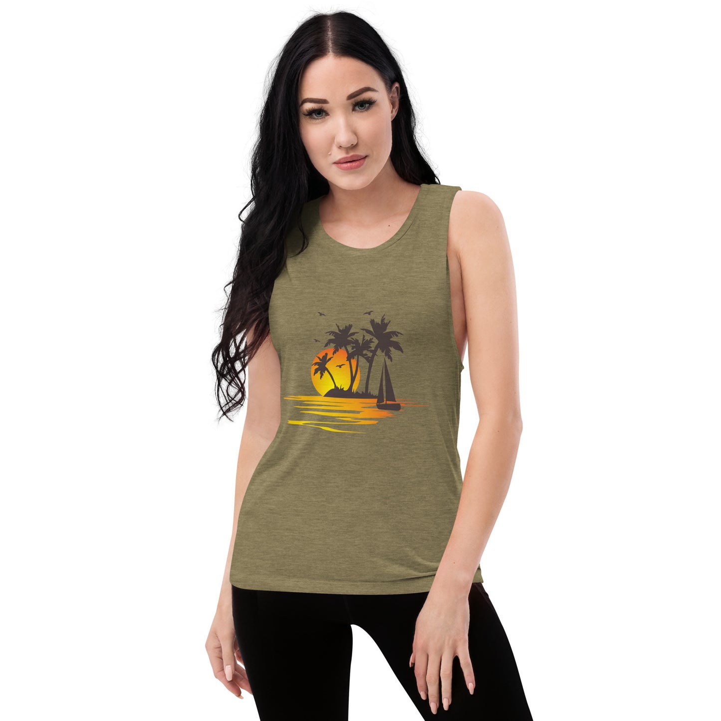 Women with olive muscle tank with a picture of sunset, palm trees and sailboat