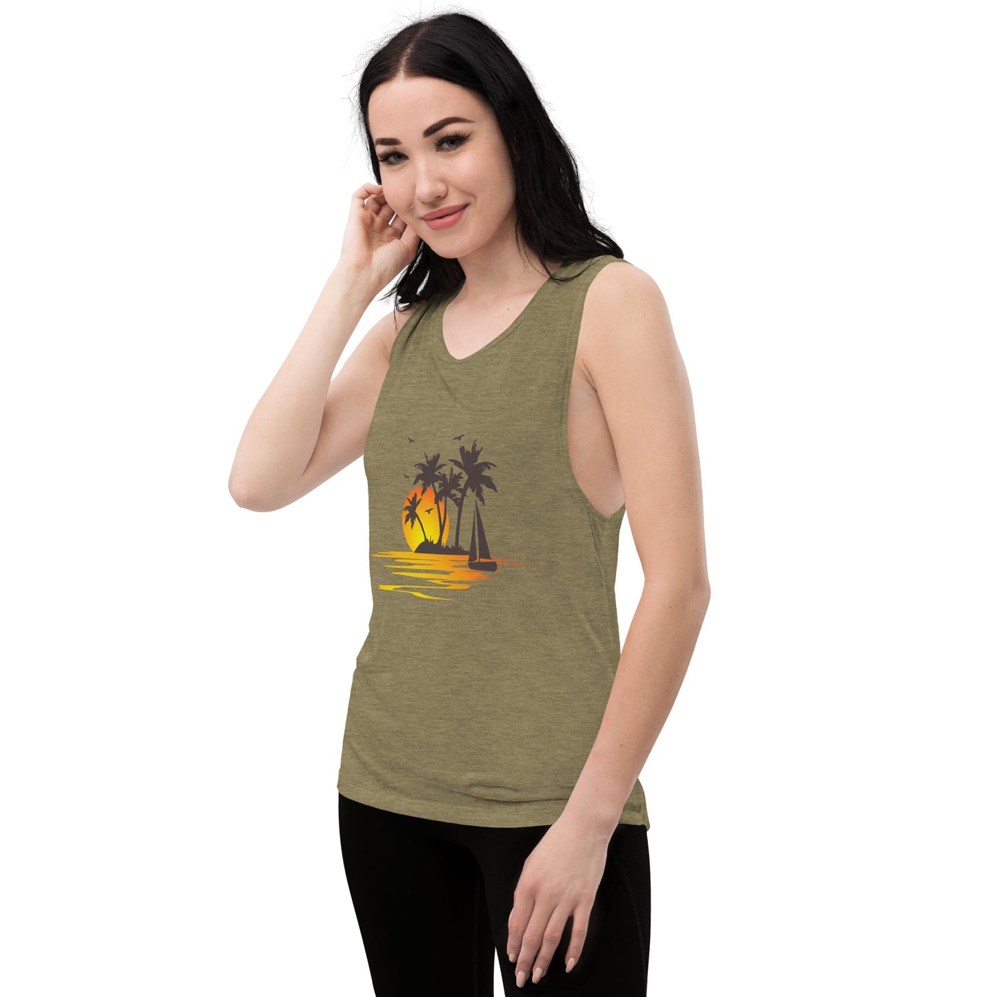 Women with olive muscle tank with a picture of sunset, palm trees and sailboat