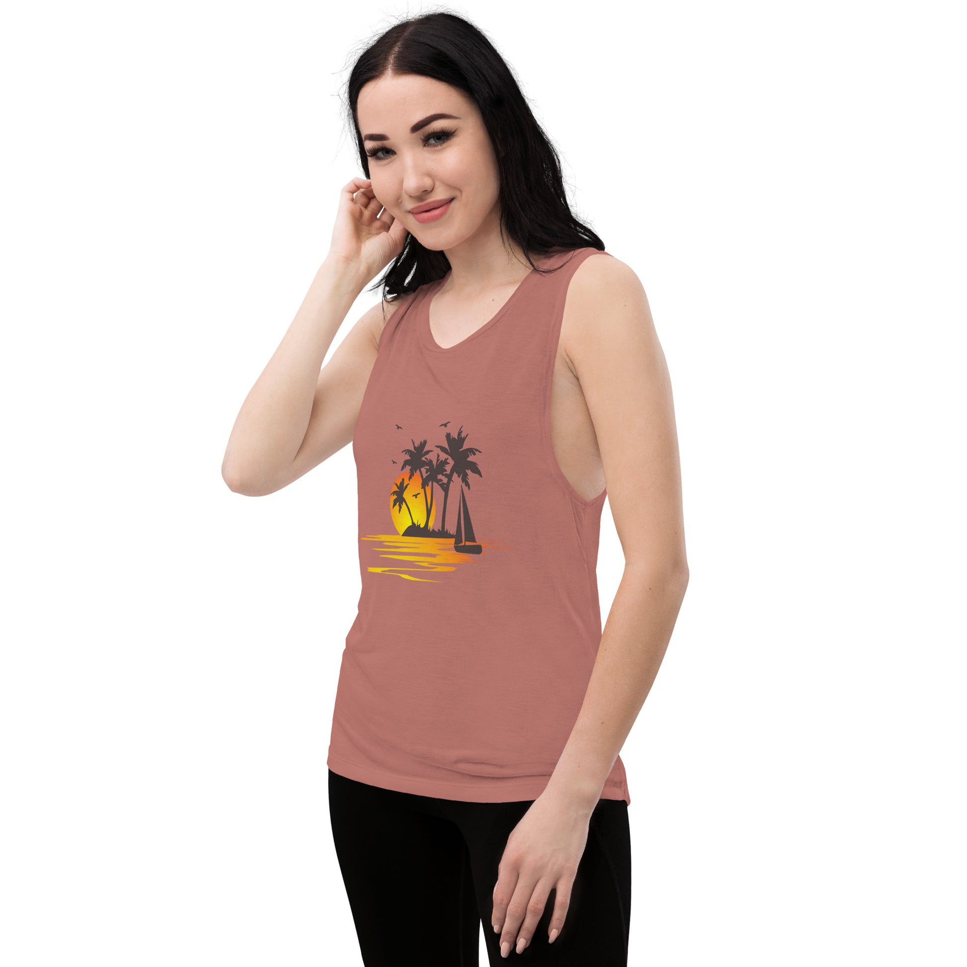 Women with mauve muscle tank with a picture of sunset, palm trees and sailboat
