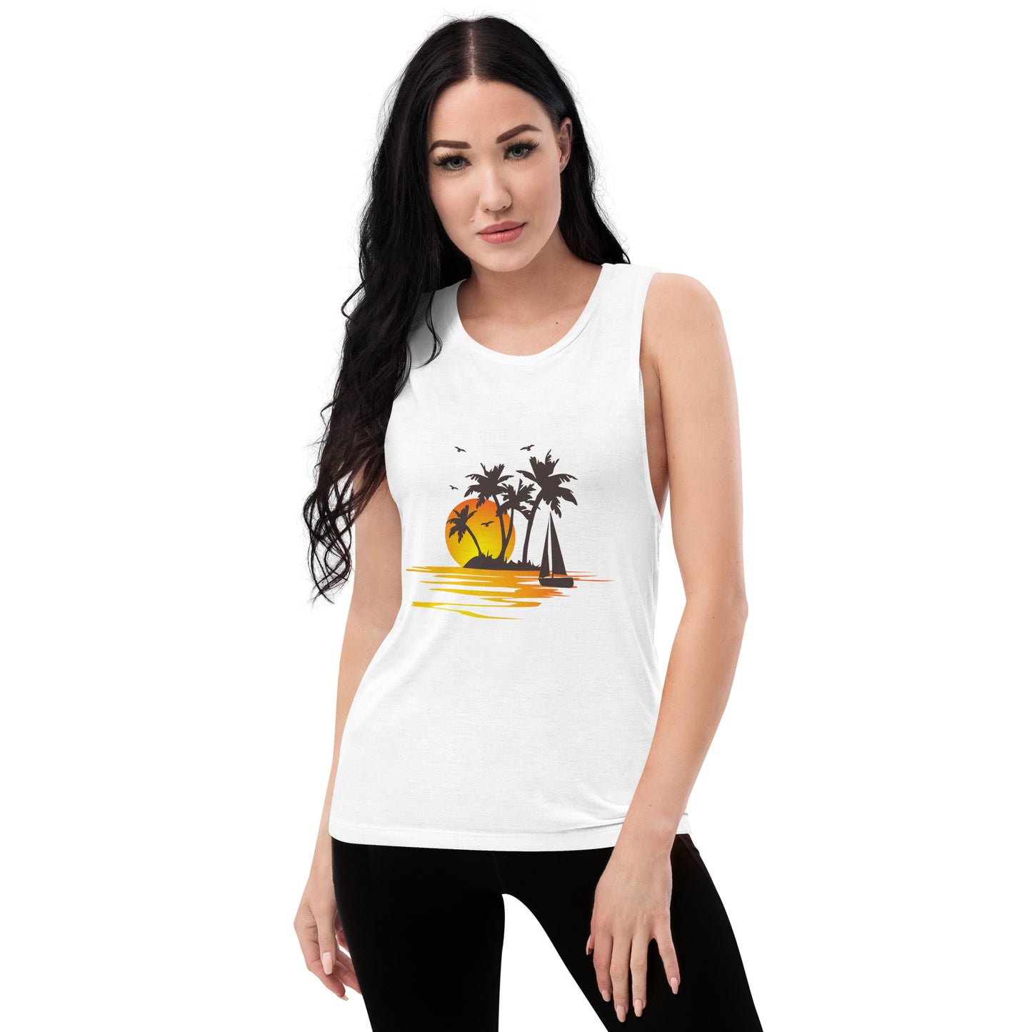 Women with white muscle tank with a picture of sunset, palm trees and sailboat