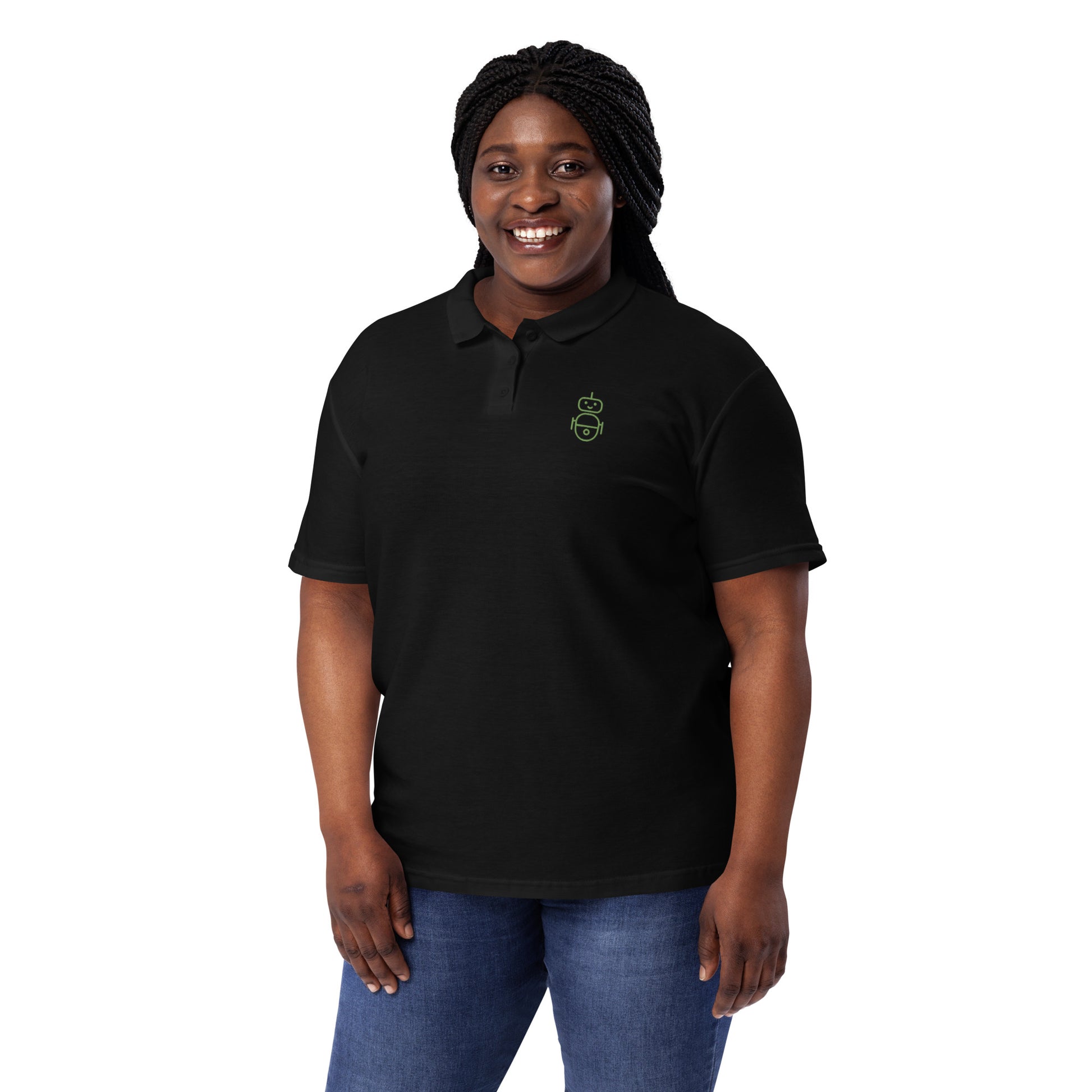 Women with black polo and in green it Android logo