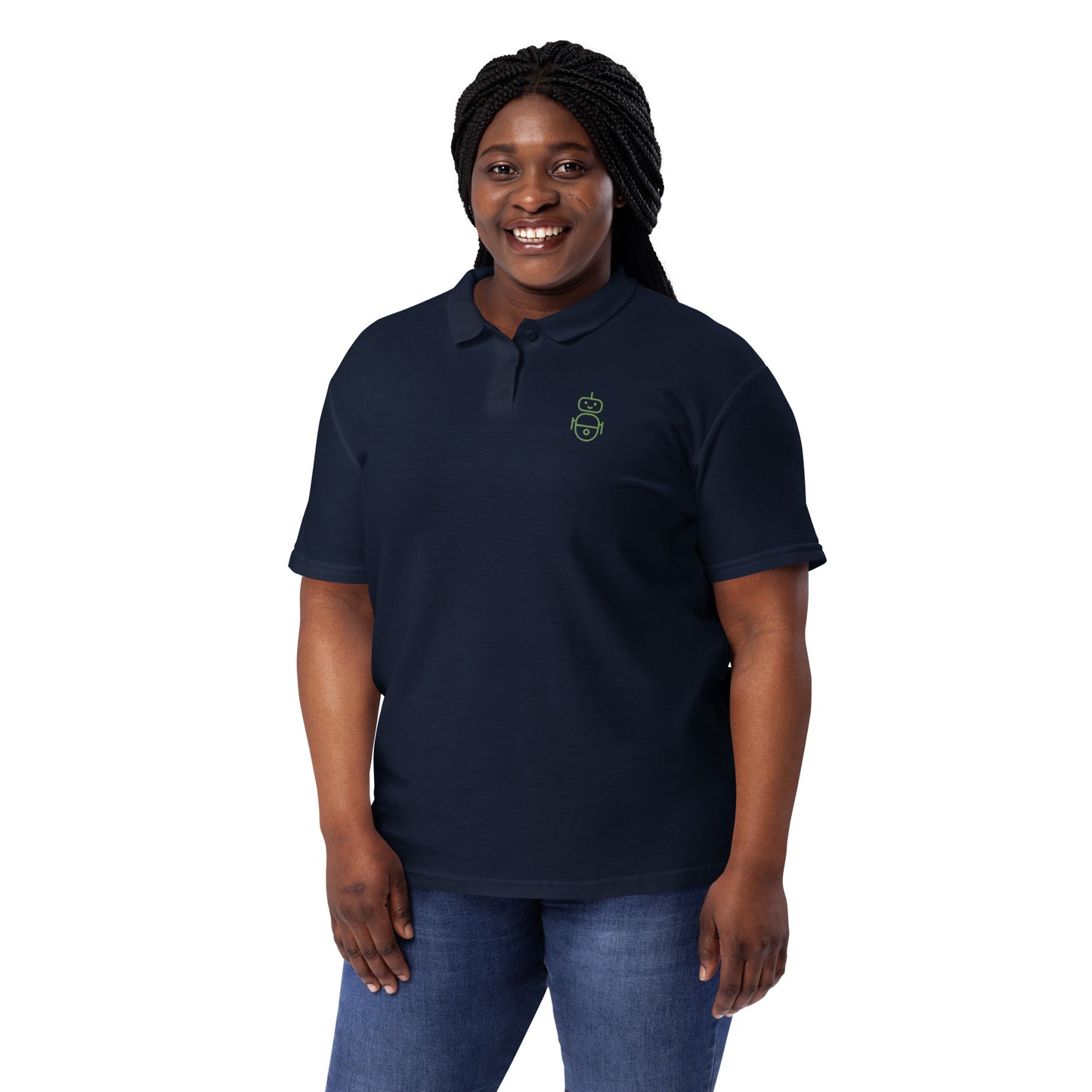 Women with navy polo and in green it Android logo