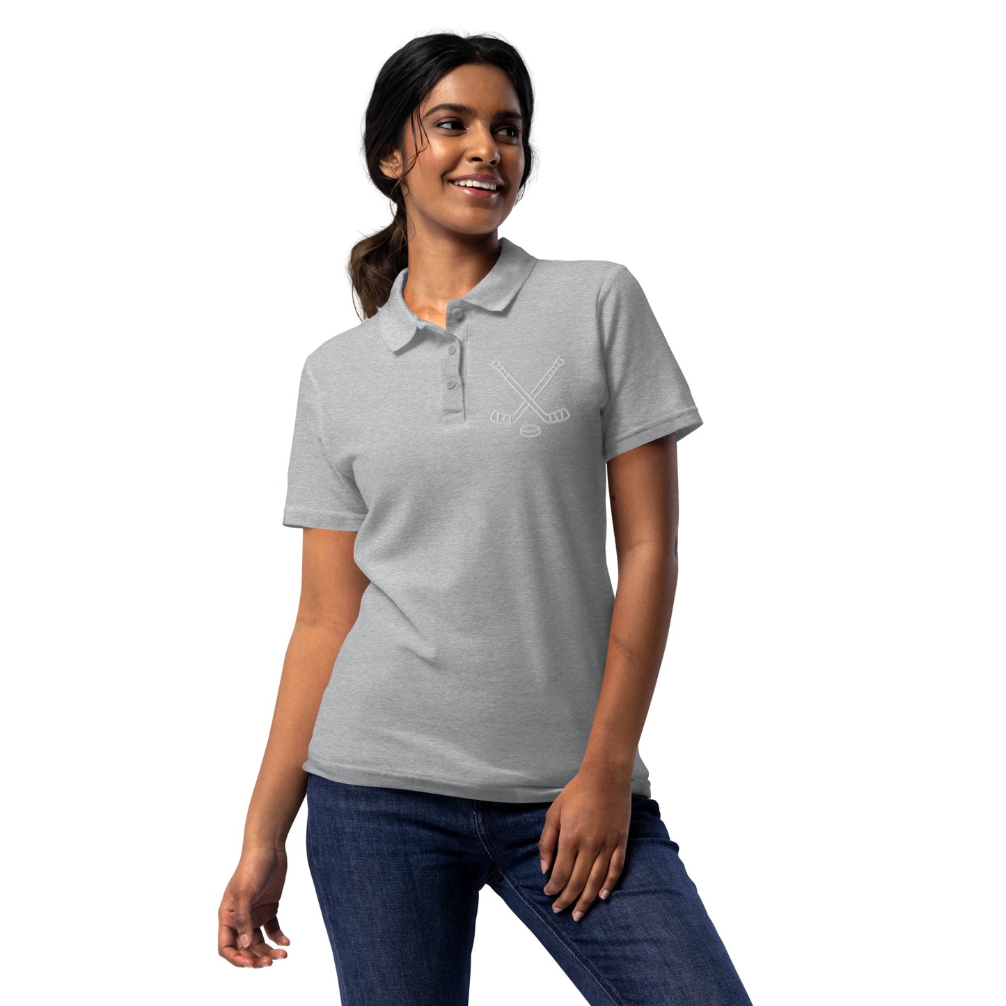 Women with sport grey poloshirt with print of hockeysticks and puk