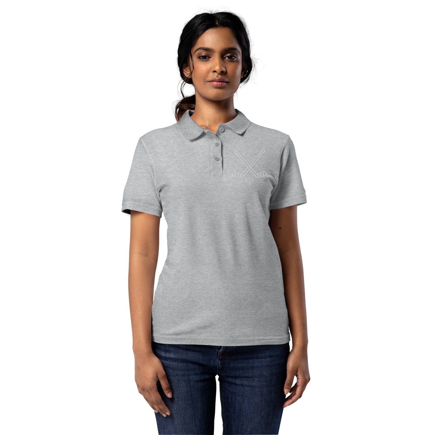 Women with sport grey poloshirt with print of hockeysticks and puk