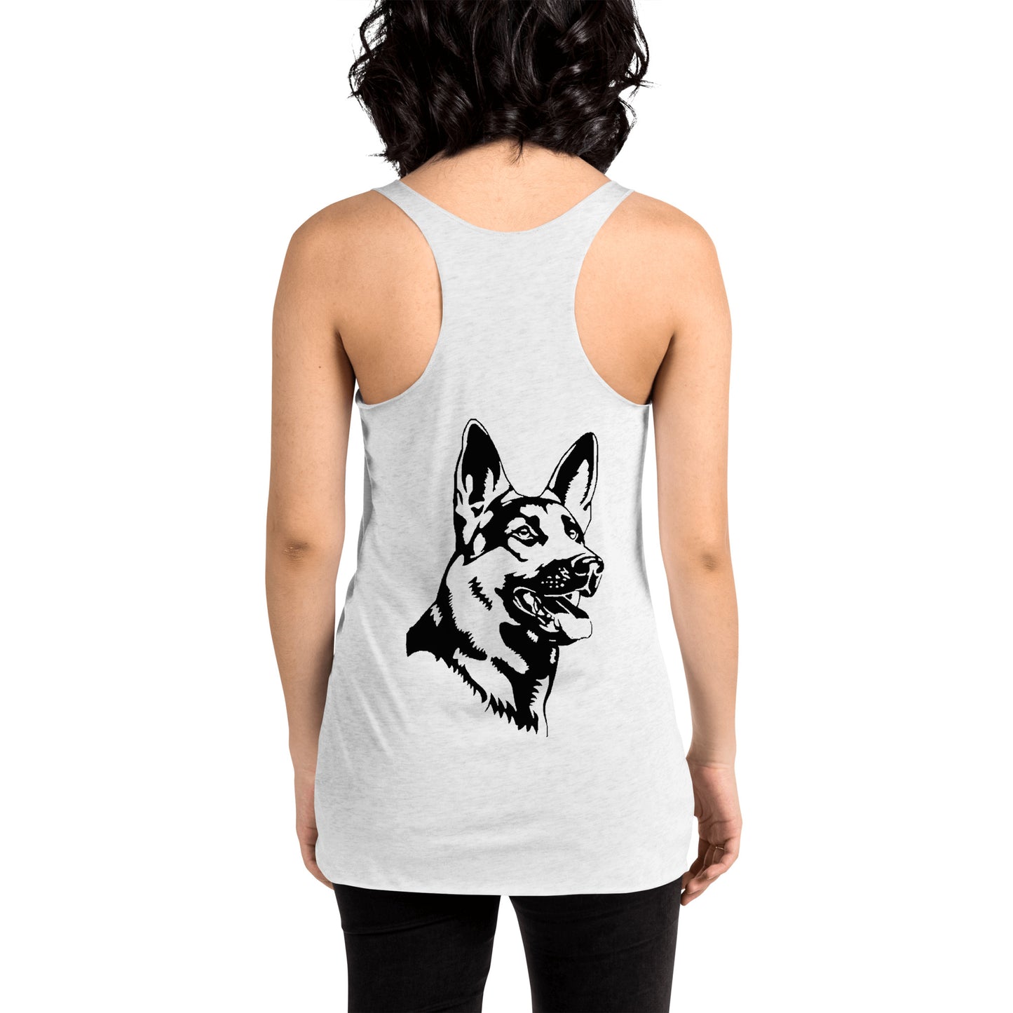Women with white racerback tank top with German shepherd