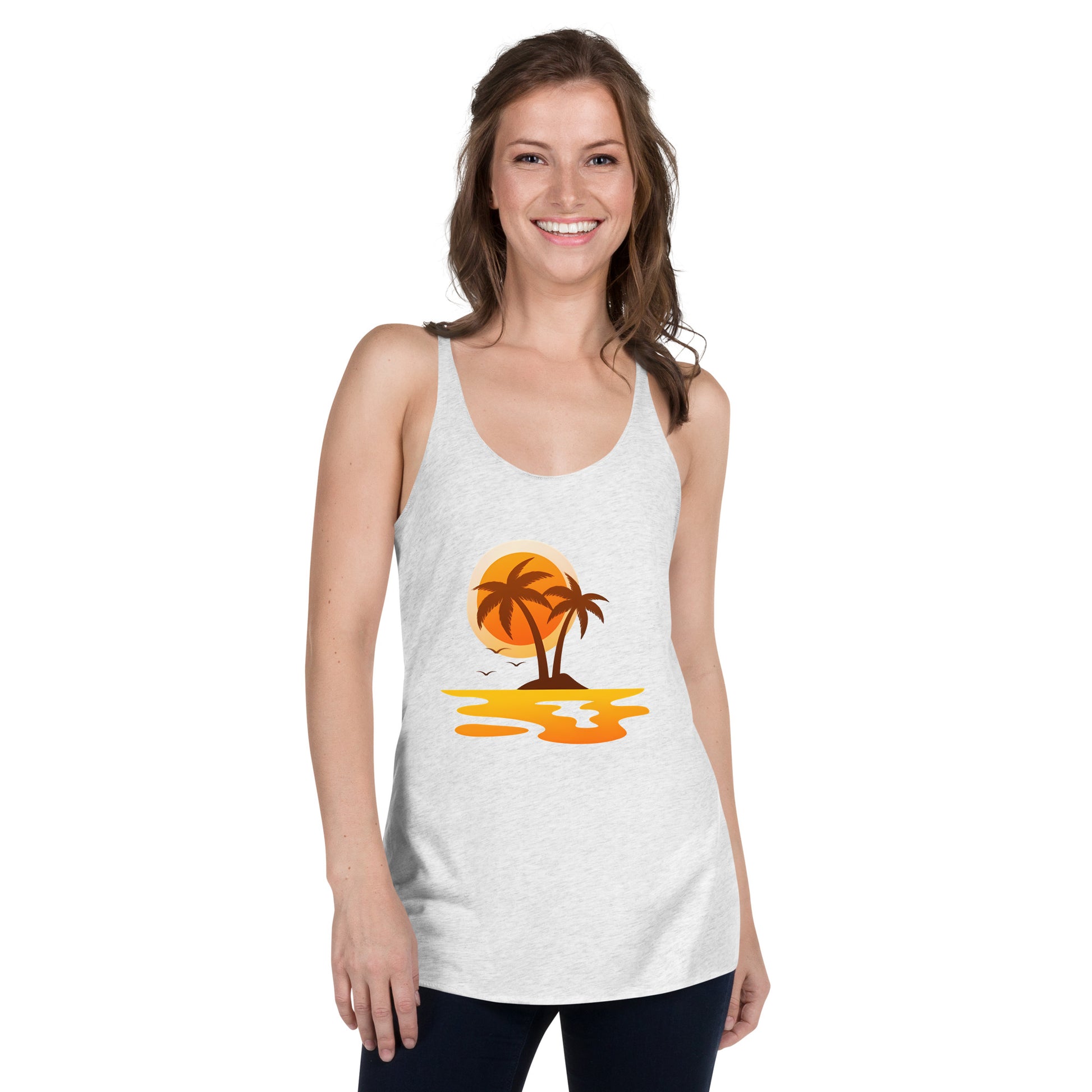 Women with white tank top with sunset and palm trees