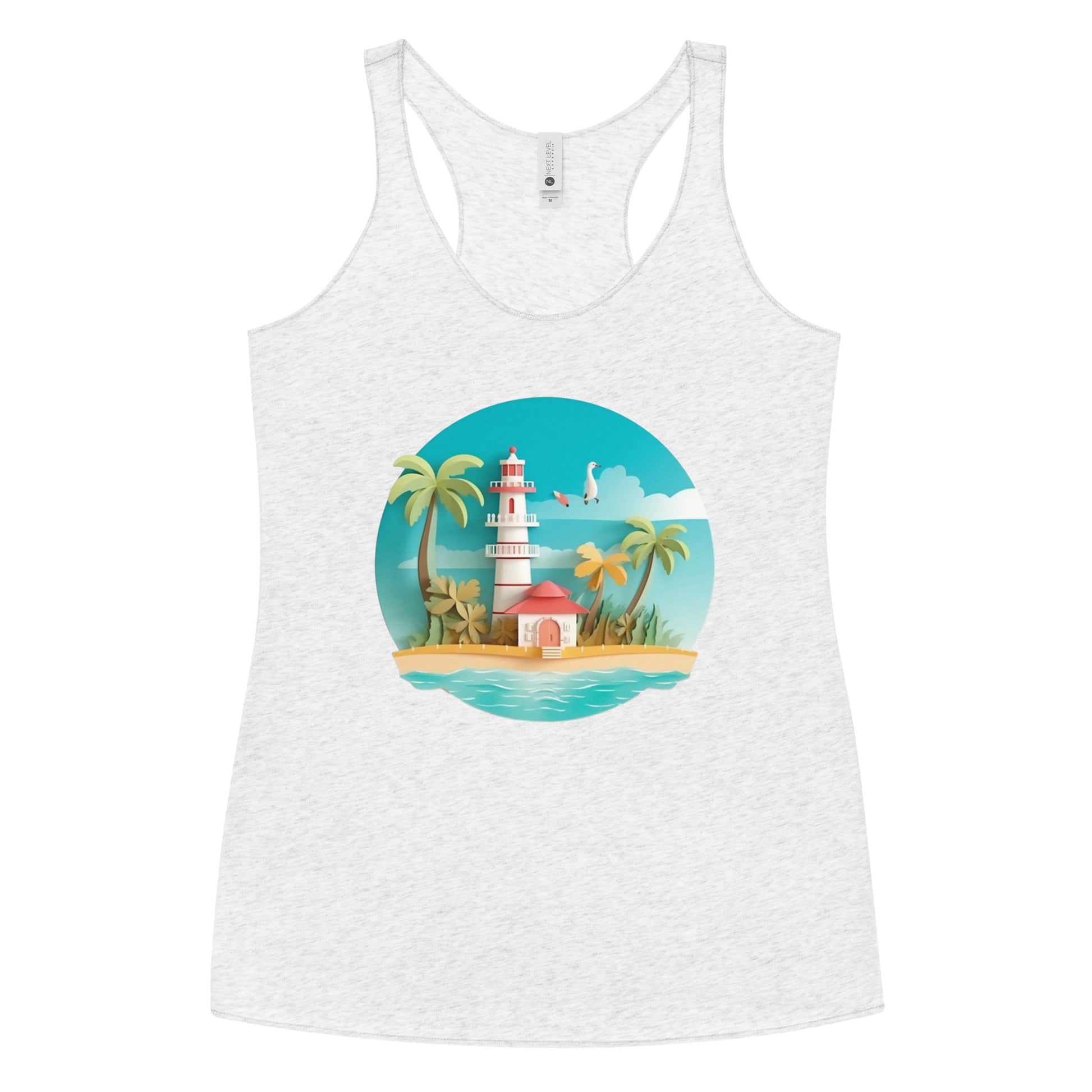 White tank top with picture of lighthouse and palm trees