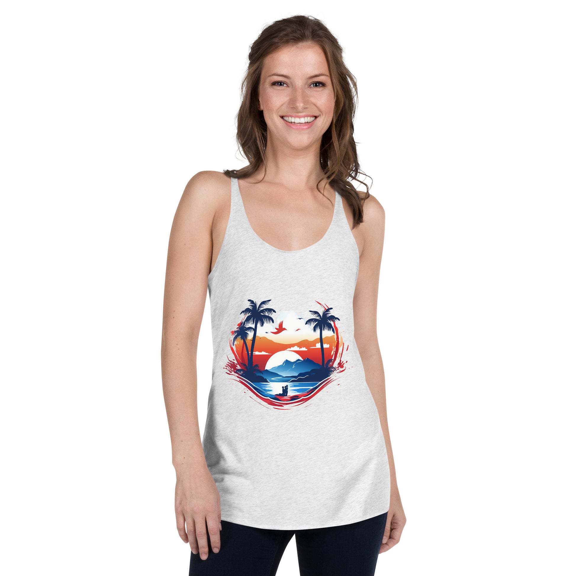 Women with white tank top with picture of sunset and palm trees