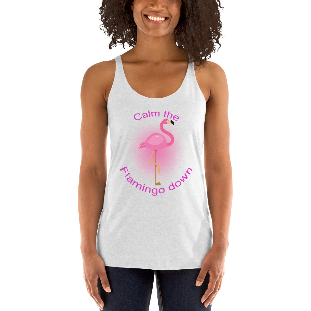 Women with white tank top with picture of flamingo en text "calm the flamingo down"