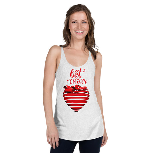 Women with white Tank Top with red text best MOM Ever and red heart