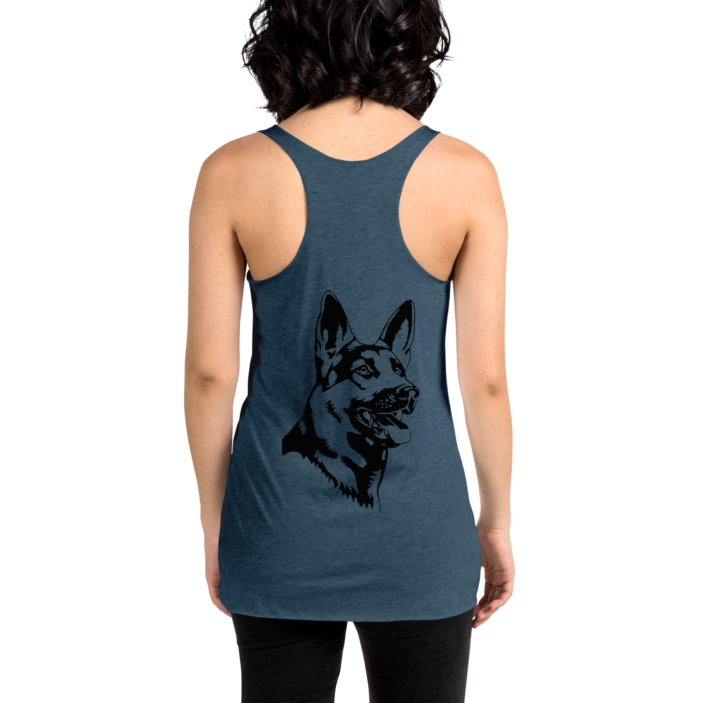 Women with indigo blue racerback tank top with German shepherd
