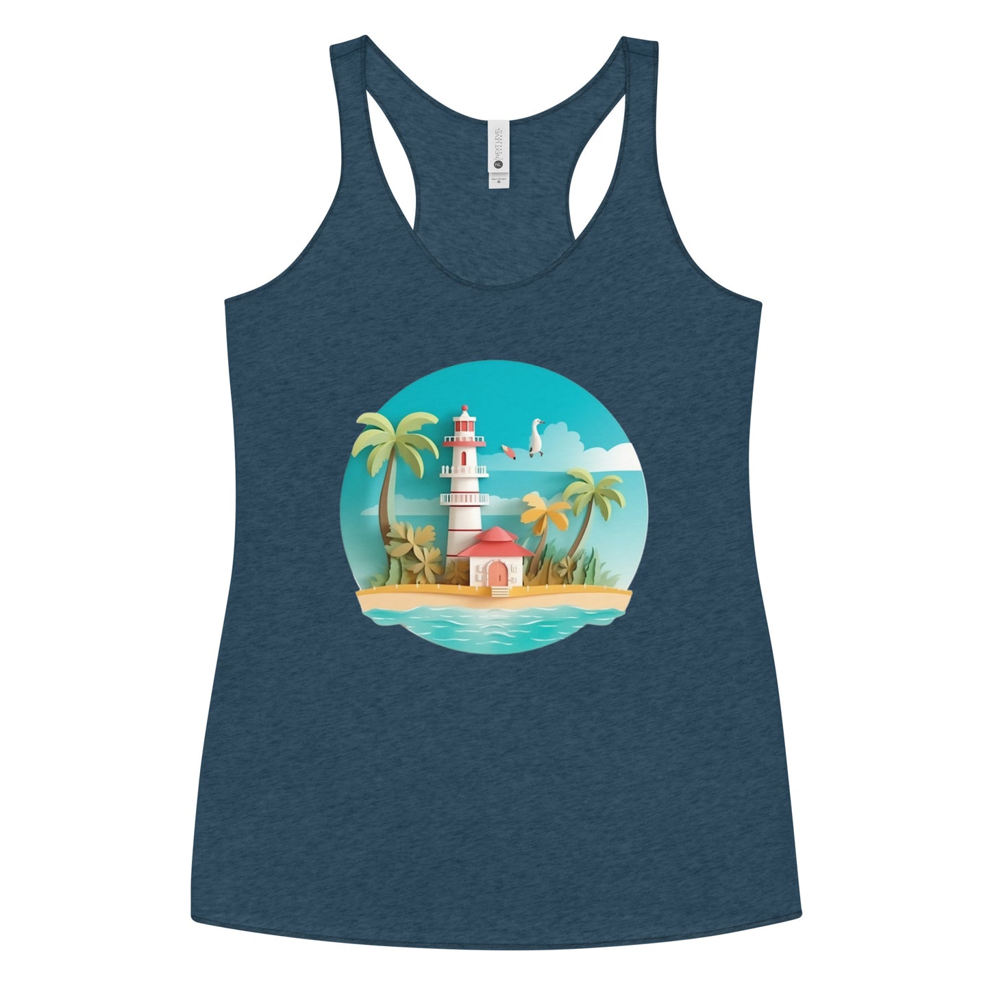 Indigo blue tank top with picture of lighthouse and palm trees