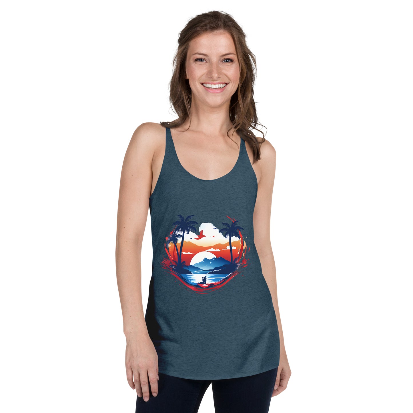 Women with indigo blue tank top with picture of sunset and palm trees