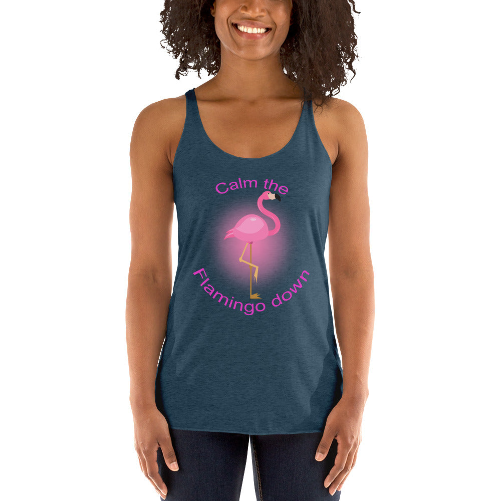 Women with indigo blue tank top with picture of flamingo en text "calm the flamingo down"