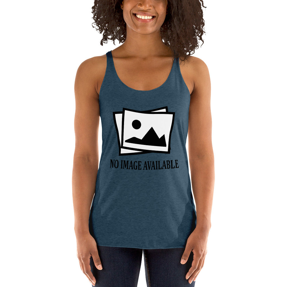 Women with indigo blue tank top with image and text "no image available"
