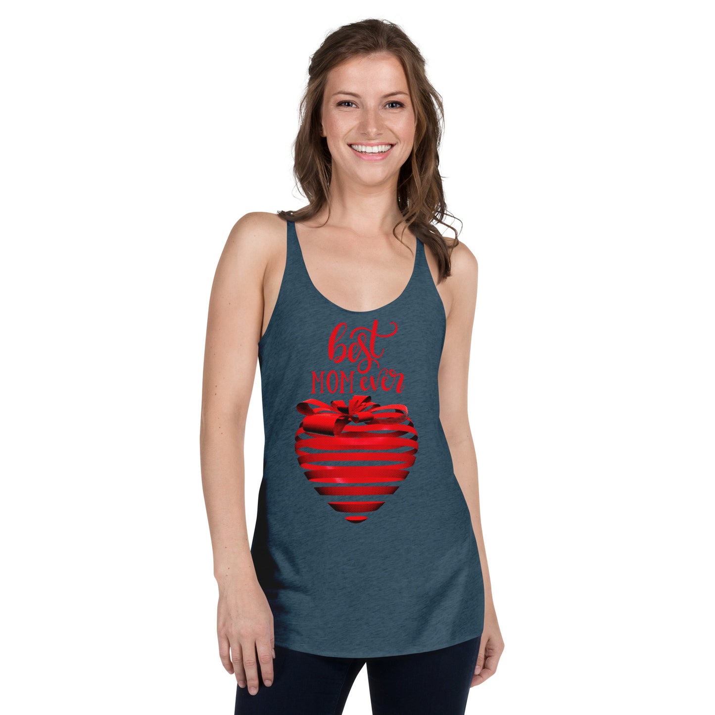 Women with indigo blue Tank Top with red text best MOM Ever and red heart