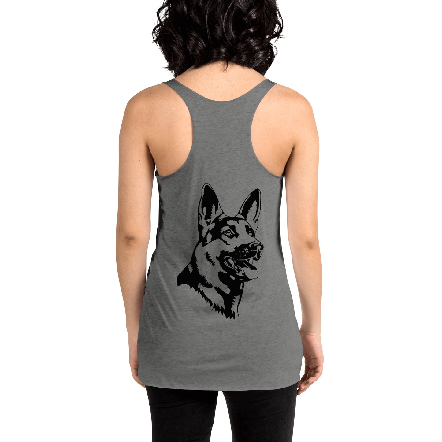 Women with grey racerback tank top with German shepherd