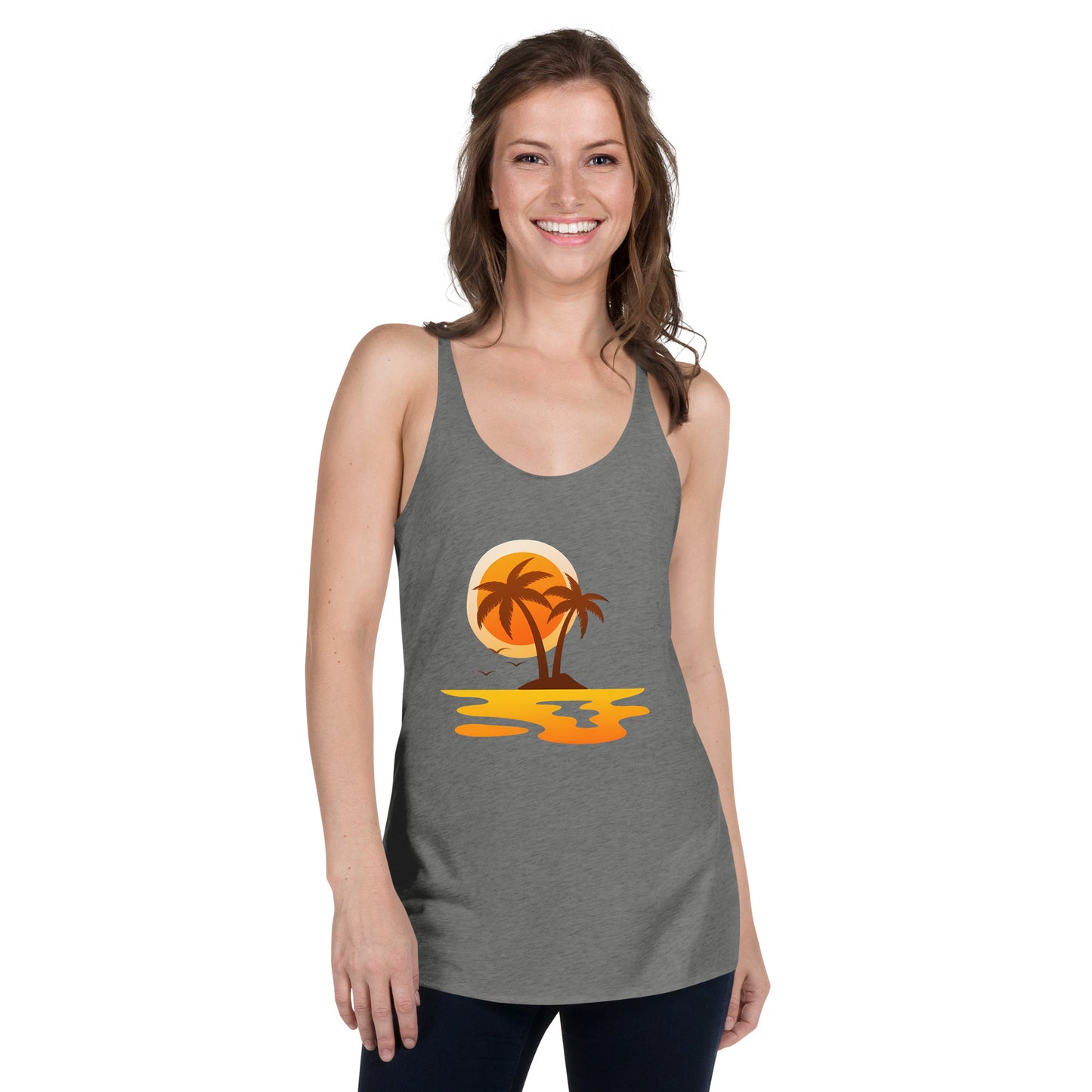 Women with grey tank top with sunset and palm trees