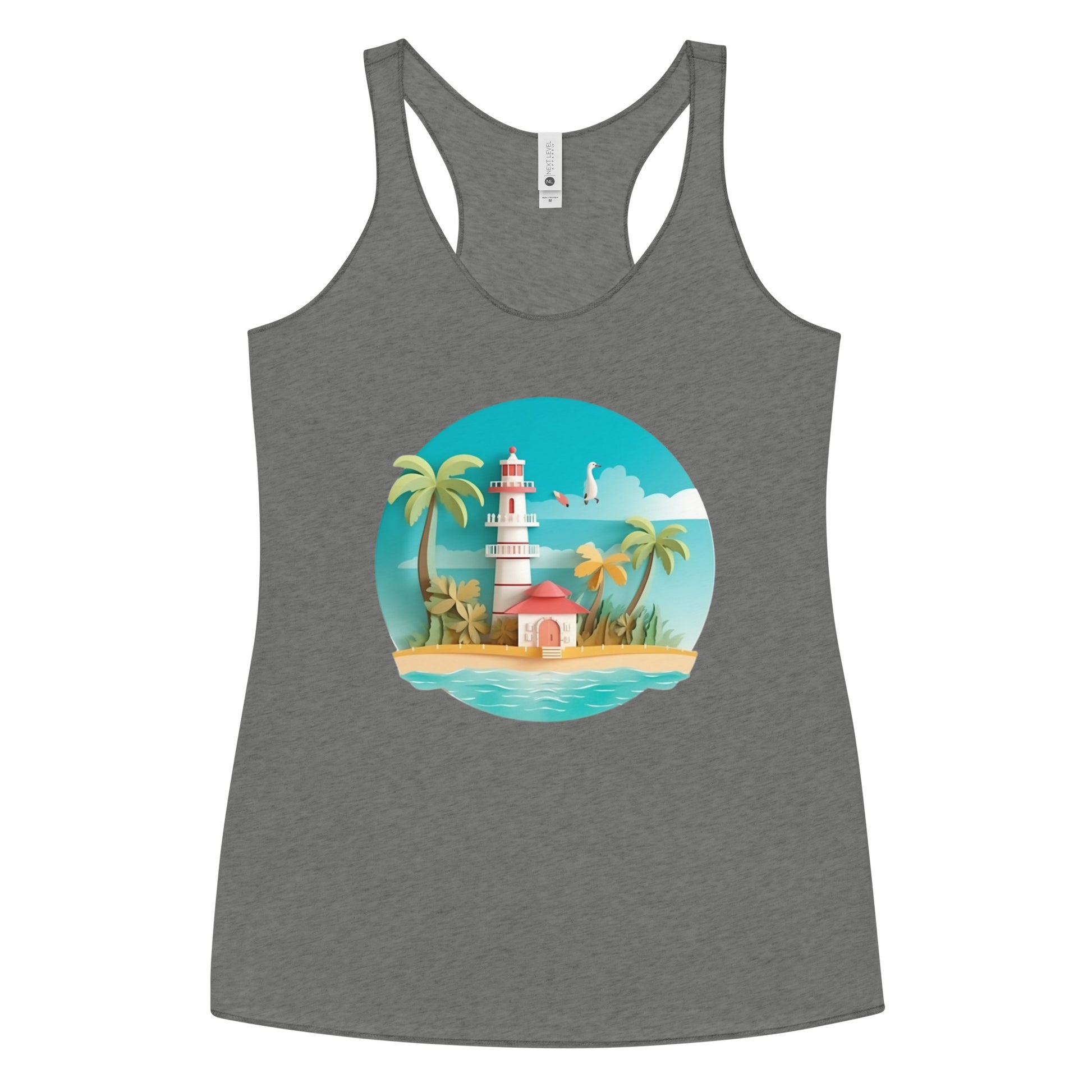 Grey tank top with picture of lighthouse and palm trees