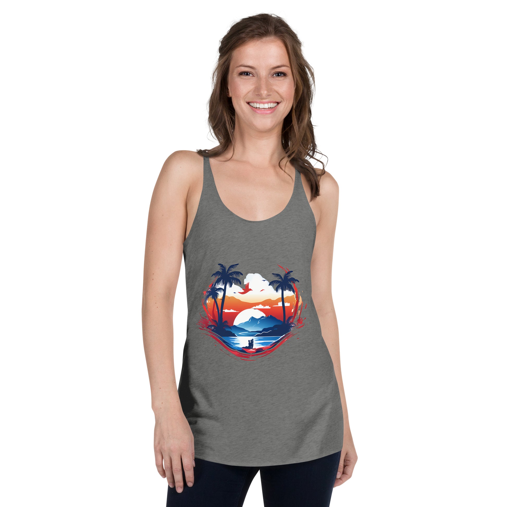 Women with grey tank top with picture of sunset and palm trees