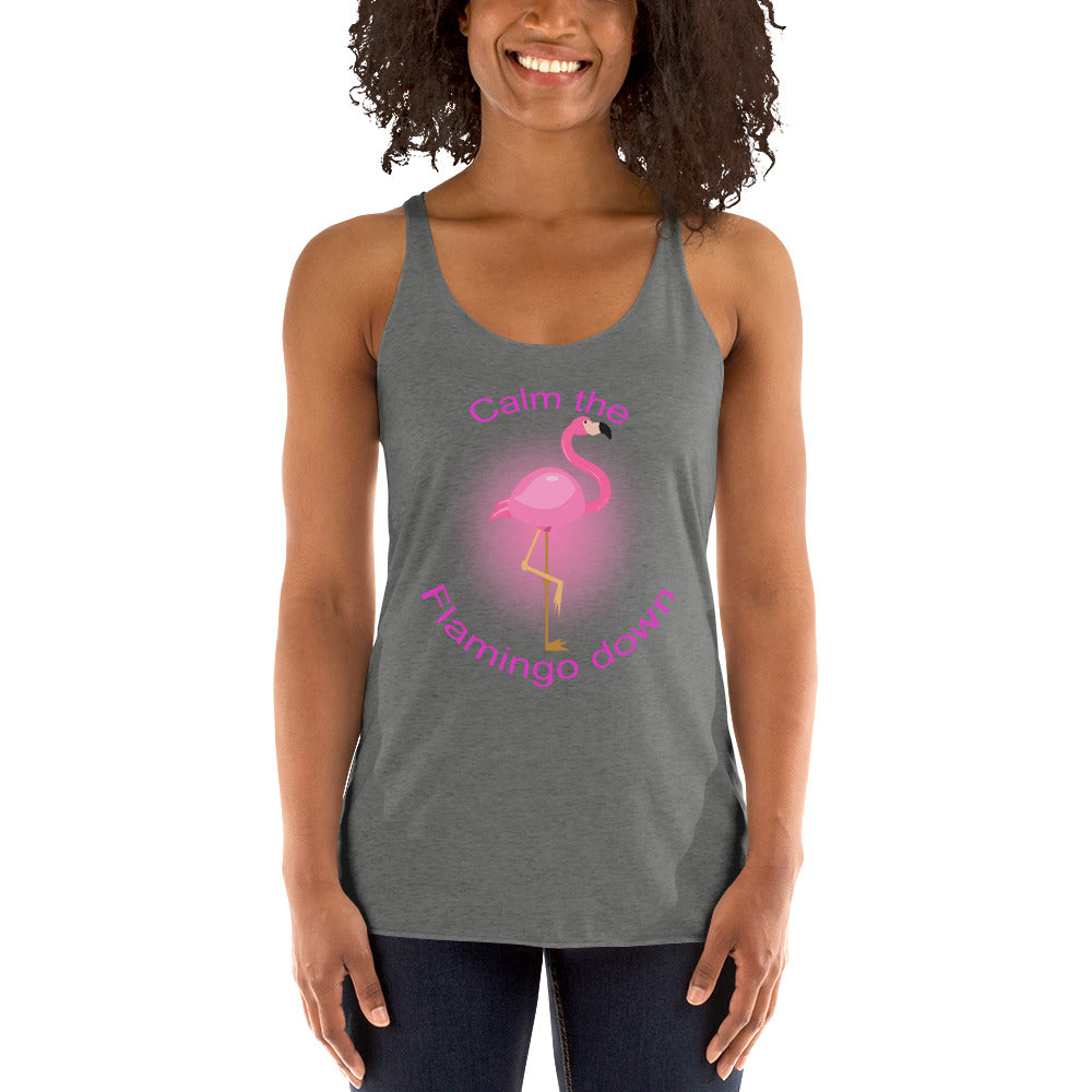 Women with grey tank top with picture of flamingo en text "calm the flamingo down"