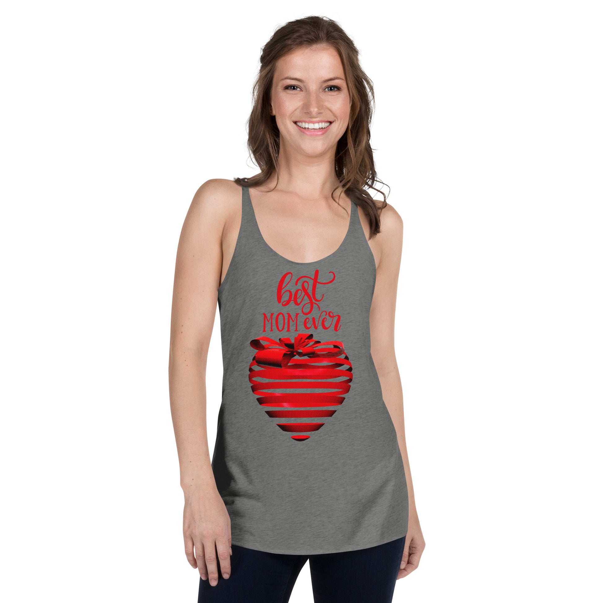 Women with grey Tank Top with red text best MOM Ever and red heart