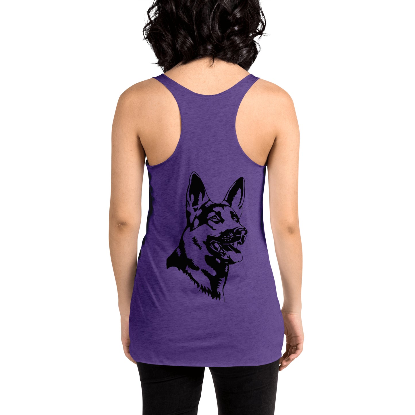 Women with purple racerback tank top with German shepherd