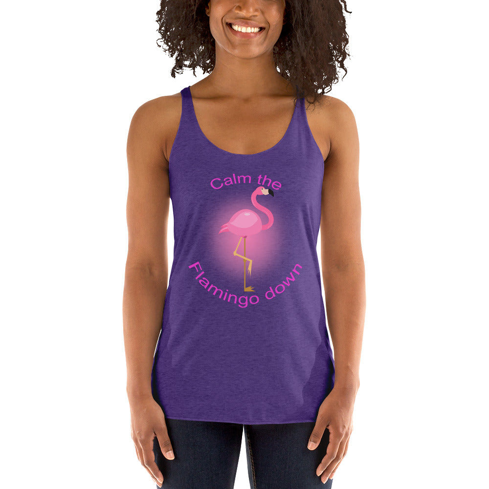 Women with purple tank top with picture of flamingo en text "calm the flamingo down"